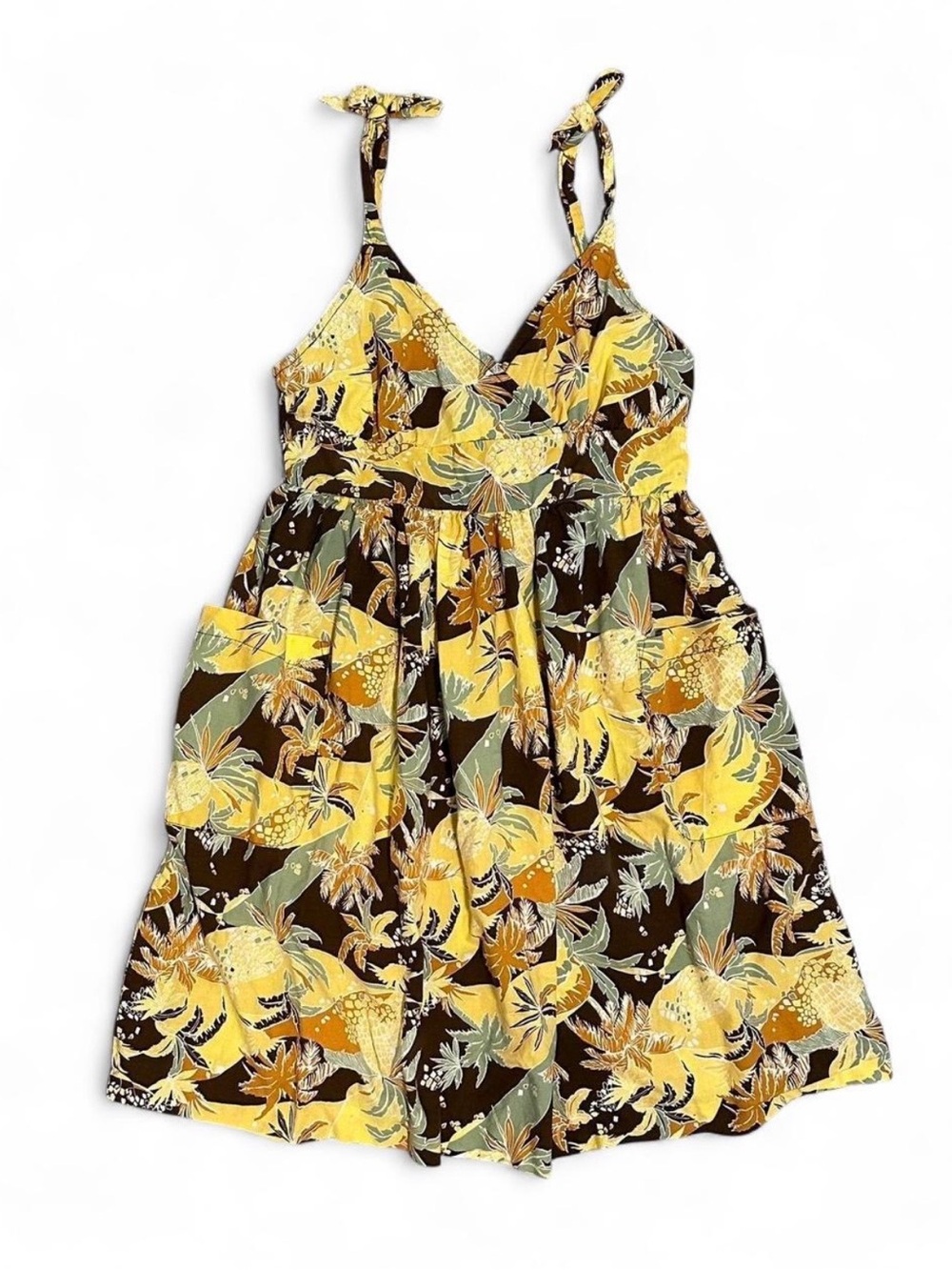 Women’s Y2K Tiki Palm Yellow Brown Tropical Palm Tree Knee Length Dress M